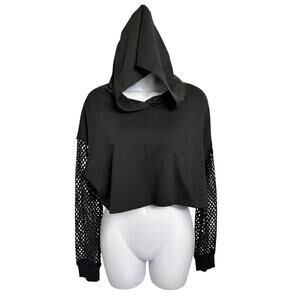 Black Hoodie Crop Top Sz Small Over-Sized Shirt Net Long-Sleeves Edgy Baddie